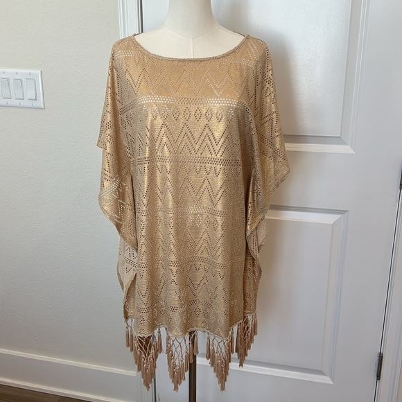 LILLY PULITZER Jerrica Mini Caftan Coverup S/M Gold Foiled Lace Tassels - Picture 2 of 7